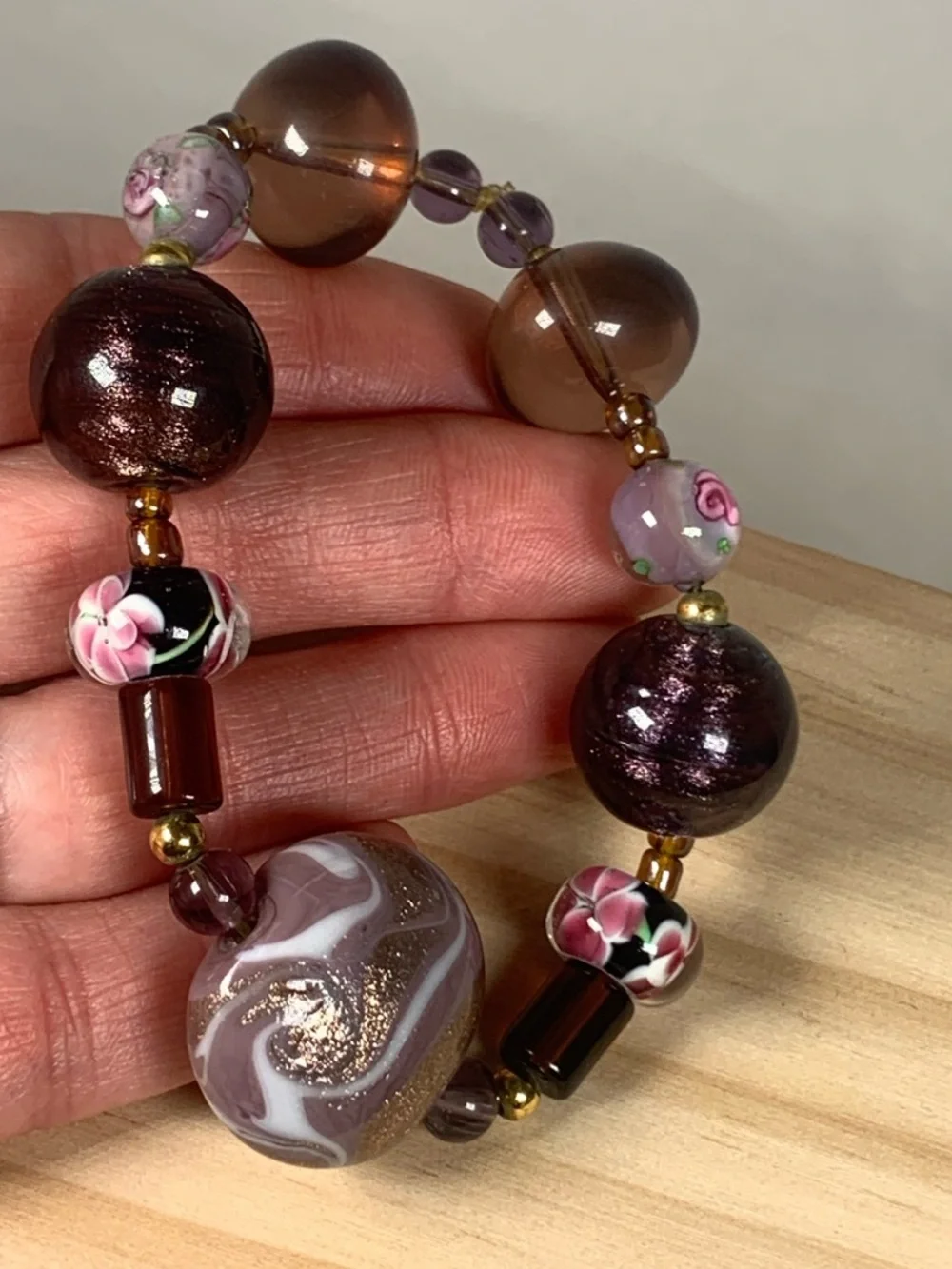 Vintage Purple Floral Murano Lampwork Glass Beaded Stretch Bracelet 7”